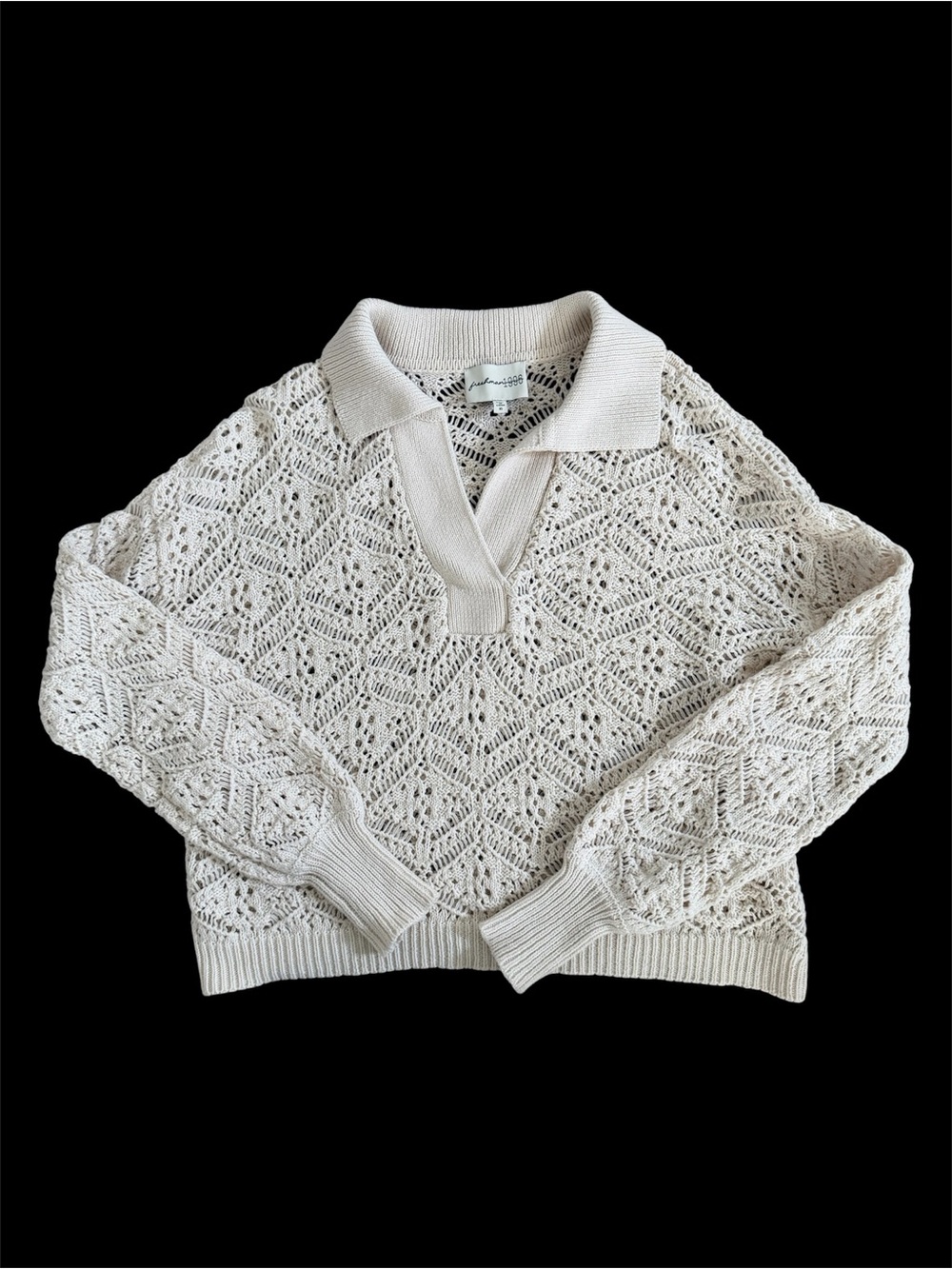 Open-Knit V-Neck Polo Sweater in Ivory